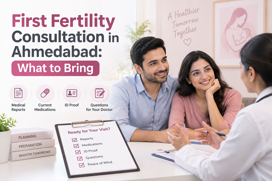 Couple in consultation with Dr. Ladu Dewasi, fertility specialist, at Mayflower Women's Hospital Bopal, Ahmedabad